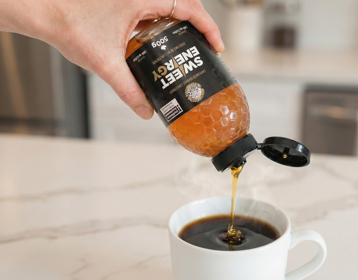 Pouring SWEETENERGY™ caffeinated honey beverage concentrate into hot coffee