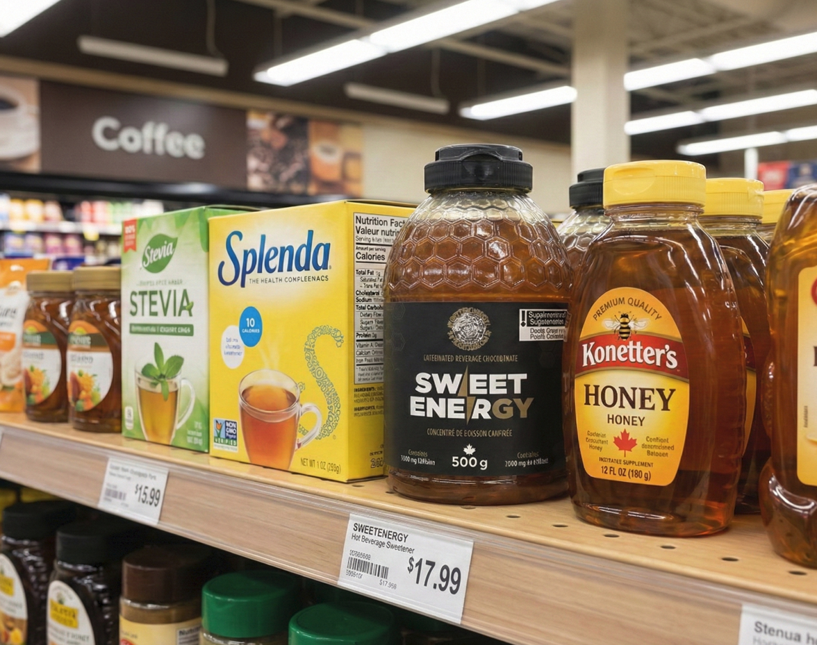 SWEETENERGY™ caffeinated honey hot beverage sweetener on store shelf